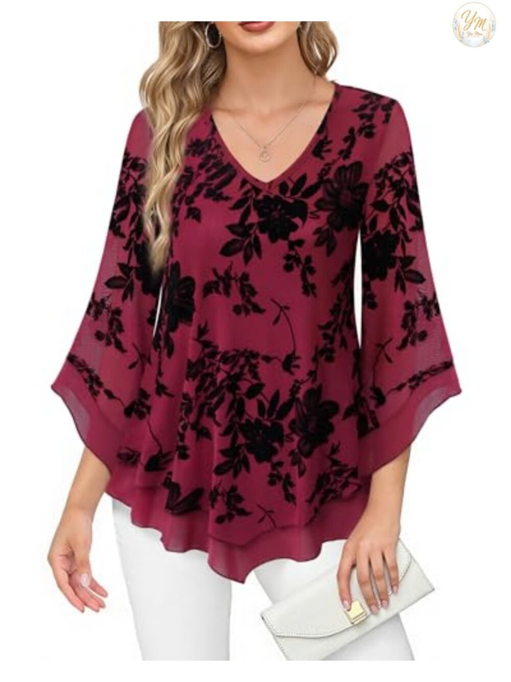 Lotusmile Women's Double Layers Mesh Blouse Ruffle 3/4 Flared Sleeve Tunic Top
